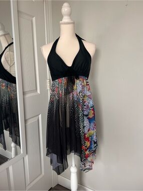 Black Halter Dress with Floral Panel
